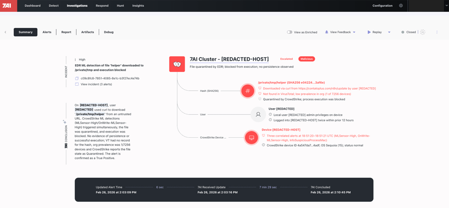 7AI investigation console showing Claude Fraud true positive detection - MacSync infostealer