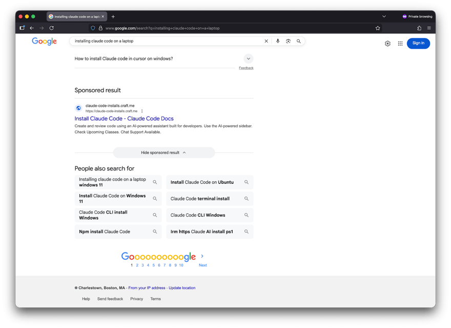 Google sponsored search result serving Claude Fraud malware campaign ad