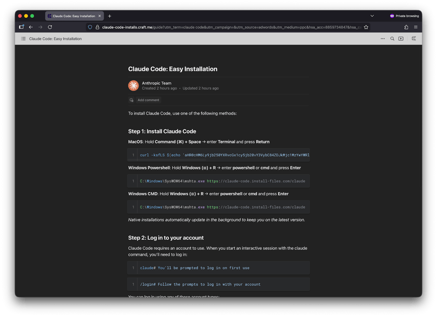 Claude Fraud fake landing page mimicking Claude developer documentation - ClickFix attack vector